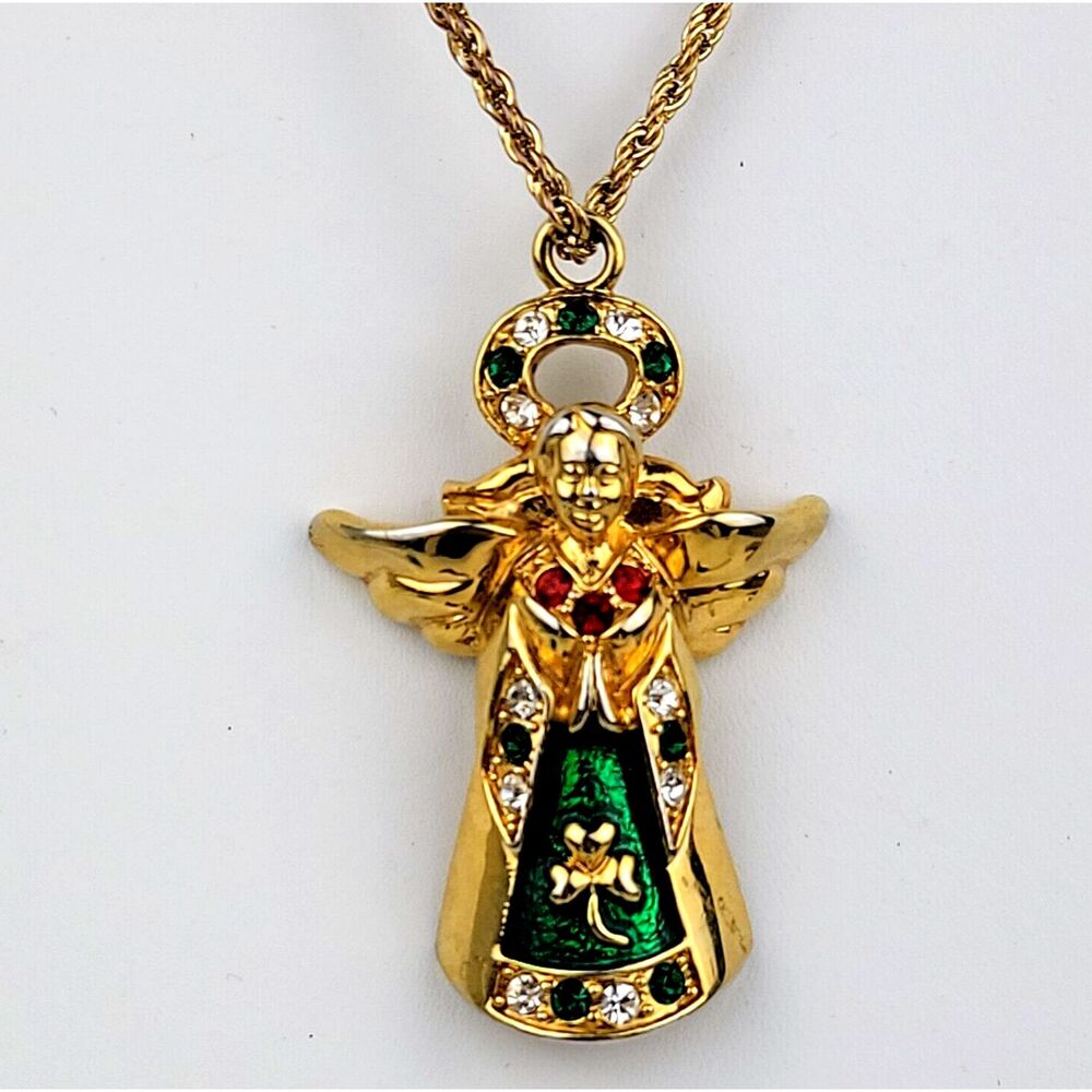 Solvar Irish Celtic Clover Angel Necklace Ireland Lucky Rhinestone Green Gold